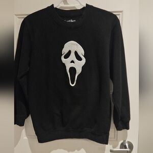 Men's Black Crewneck Sweater with White Ghost Mask Graphic